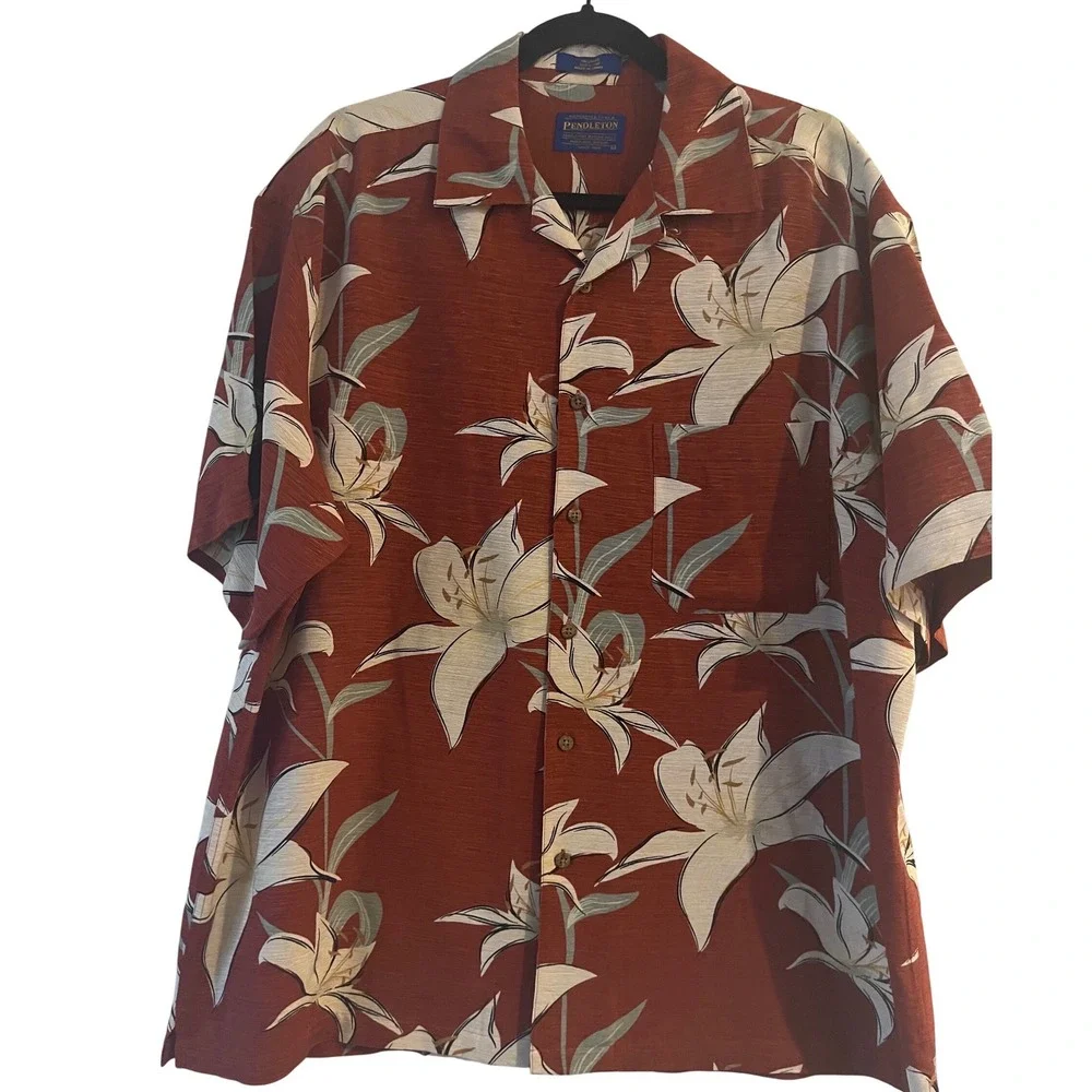 Pendleton Men's Rust and Cream Floral Button-Down Camp Shirt - Picture 2 of 6